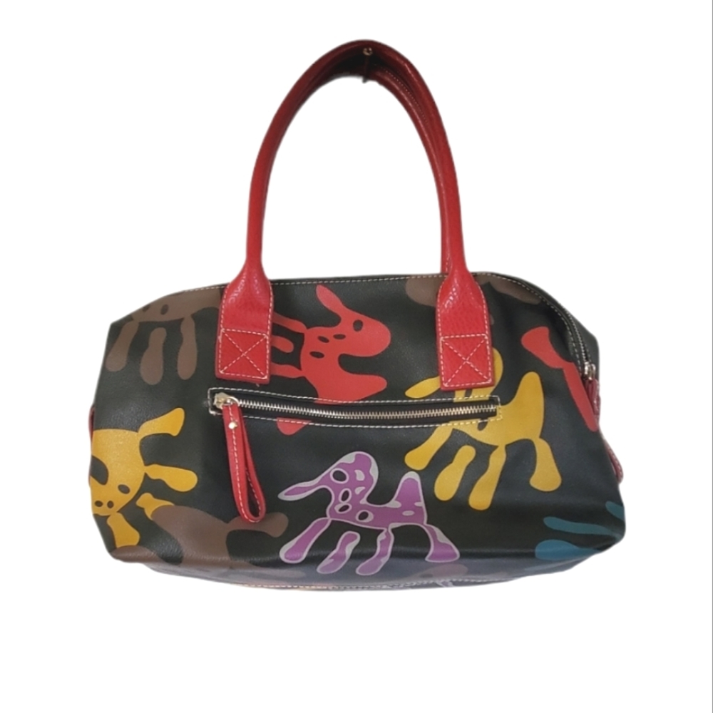Whimsical, colorful handprint design bag.